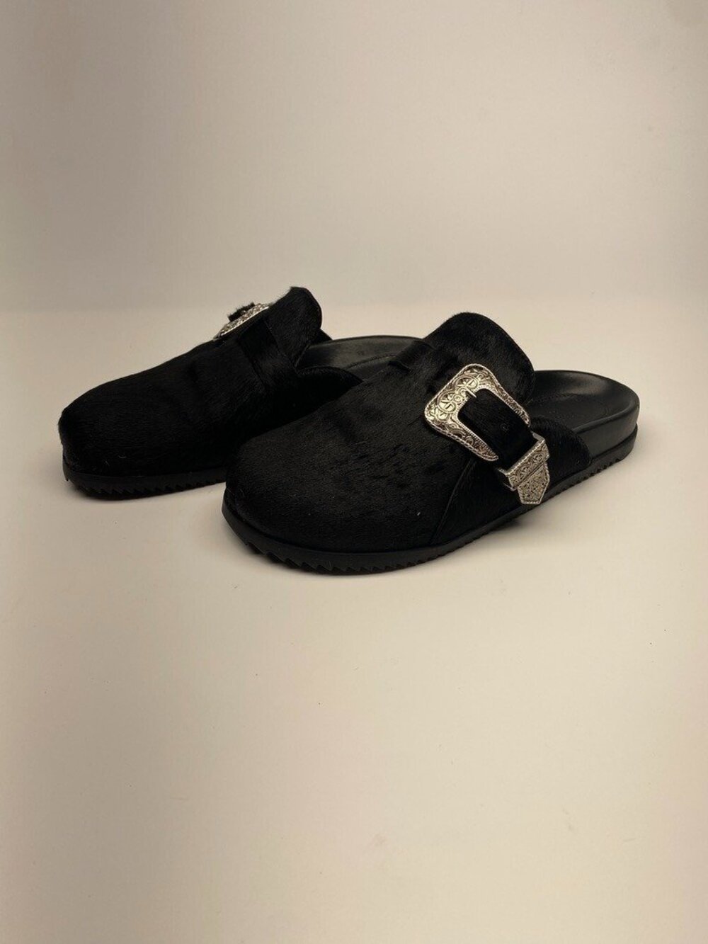 Schutz Womens Grace Black Leather Silver Buckle Flat Sz 6